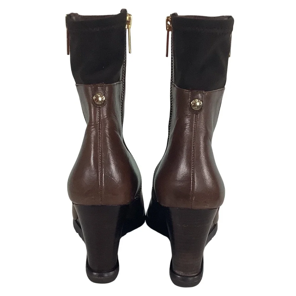 Michael Kors‎ Brown Leather Wedge Ankle Boots Gold Zip Lug Sole Womens 7.5M